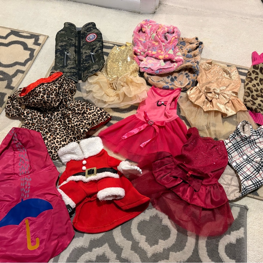 Small Dog Pink Red Gold and Leopard Dog Dresses & Coats Bundle of 12 ( 8 lb dog)